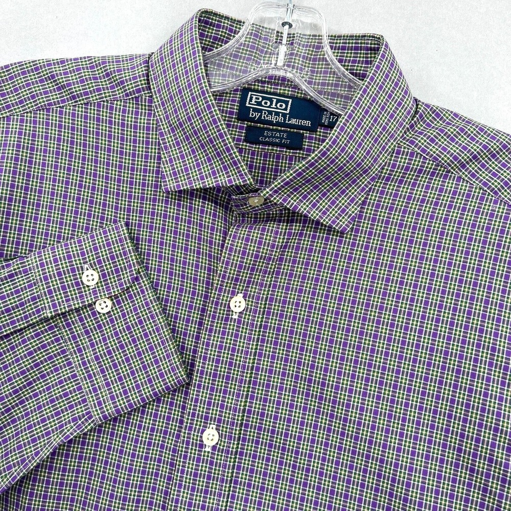 Polo Ralph Lauren Shirt Men XL 17 Button Up Purple Green Dress Tartan Estate VTG